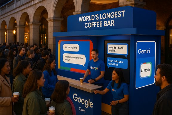 Crowds queue at Google's World's Longest Coffee Bar booth for coffee and chat.