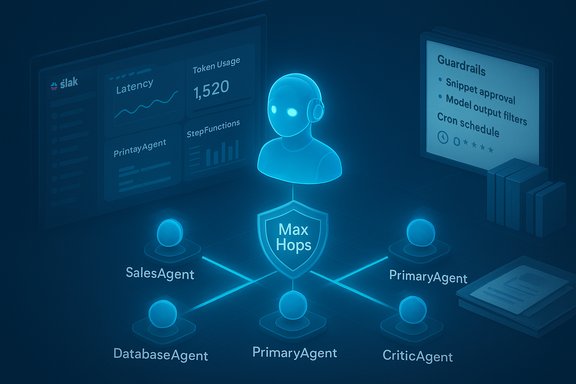 Blue neon diagram of Max Hops multi-agent system with a central hub and connected agents.
