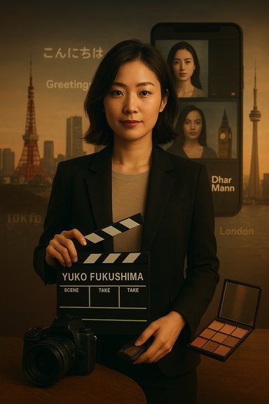 A woman in a blazer stands with a clapperboard labeled Yuko Fukushima in a film studio.