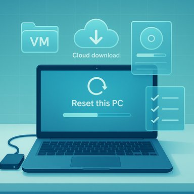 Laptop shows a Reset this PC screen with cloud download icon and a progress bar.