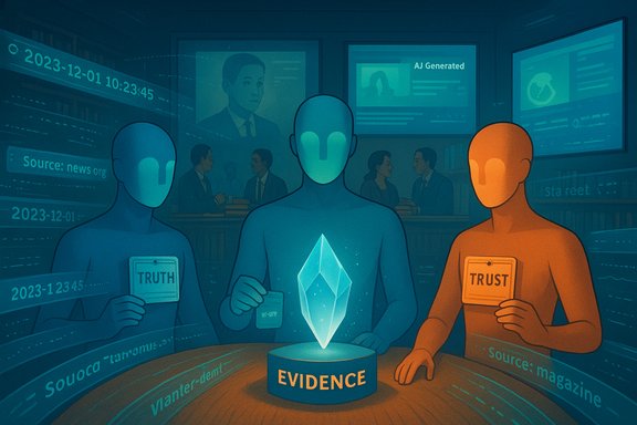 Three color-coded figures examine evidence around a table, holding TRUTH and TRUST cards beside a glowing crystal.