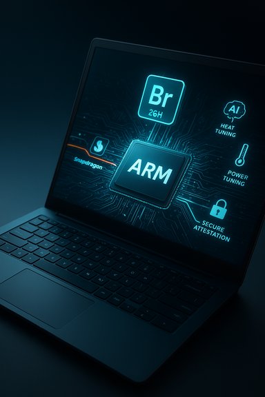 Futuristic laptop screen displays an ARM chip with Snapdragon, AI heat tuning, and secure attestation.