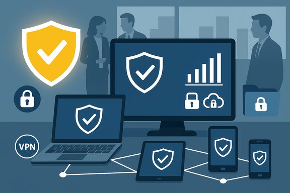 Cybersecurity scene showing shields, a VPN, and secure devices like laptop, tablet, and phone on a network.