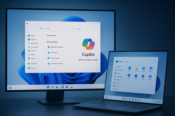 Windows 11 desktop and laptop display Copilot UI in a dual-screen setup.