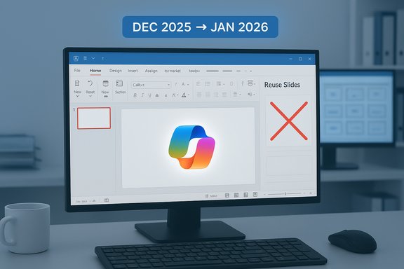 Office desk with a monitor displaying a PowerPoint slide and a DEC 2025 → JAN 2026 label.