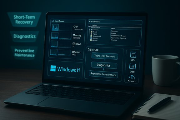 Laptop screen shows Windows 11 dashboard with diagnostics and short-term recovery workflows.