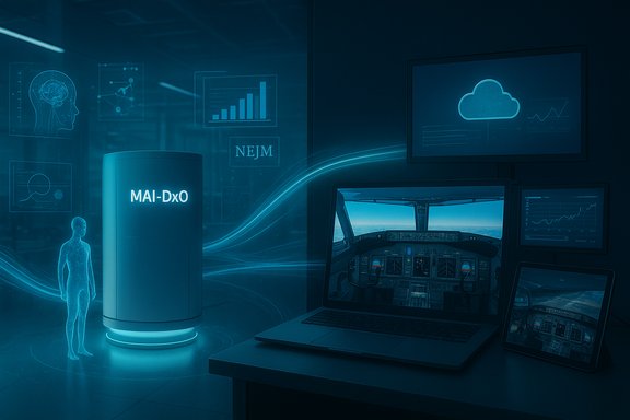 Futuristic lab featuring a MAI-DxO unit, a holographic human figure, and screens displaying data.