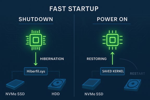 Fast Startup diagram: Hibernate via hiberfil.sys and restoring from saved kernel.