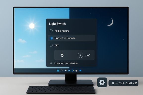 A monitor displays a 'Light Switch' dialog with Sunset to Sunrise selected.