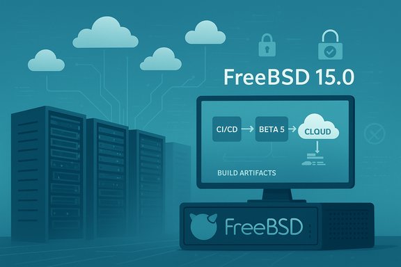 FreeBSD 15.0 release diagram showing CI/CD flow to the cloud and build artifacts.