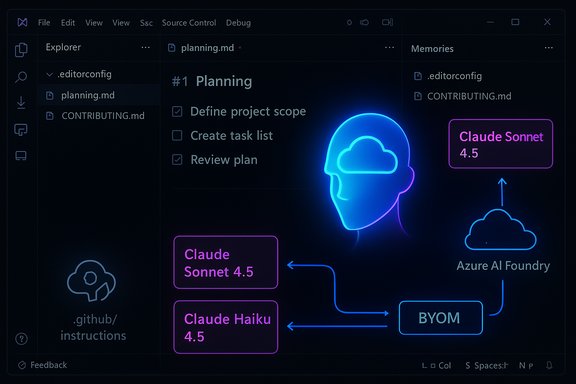 Neon blue head silhouette in a dark code editor, connected to Claude models and Azure AI BYOM.