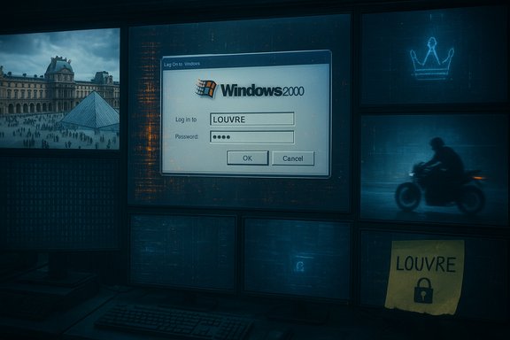 Windows 2000 login screen shows username “LOUVRE” on a wall of digital panels.