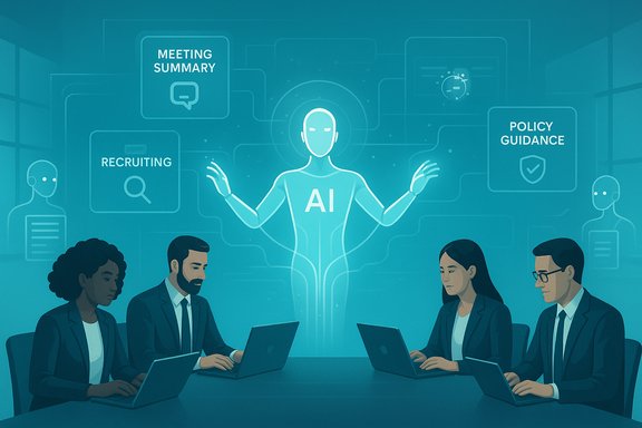 An AI guide orchestrates a team meeting on recruitment, policy, and summaries.