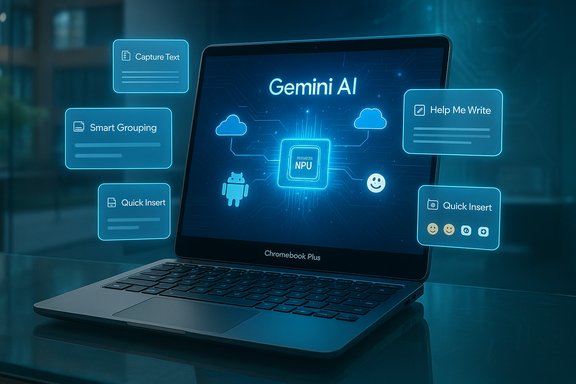 Chromebook Plus displays Gemini AI with glowing floating UI panels around the screen.