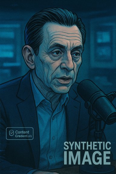 An older man speaks into a microphone in a blue-tinted studio.