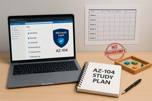 AZ-104 study setup: laptop showing Microsoft Learn badge and AZ-104, plus a study-plan notebook.