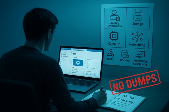 A person works on a laptop at a desk, with an IT governance poster and a red NO DUMPS stamp.