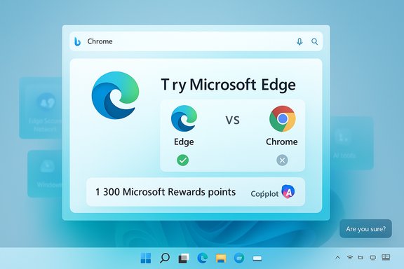 Promotional banner encouraging to try Microsoft Edge, comparing Edge vs Chrome on Windows.