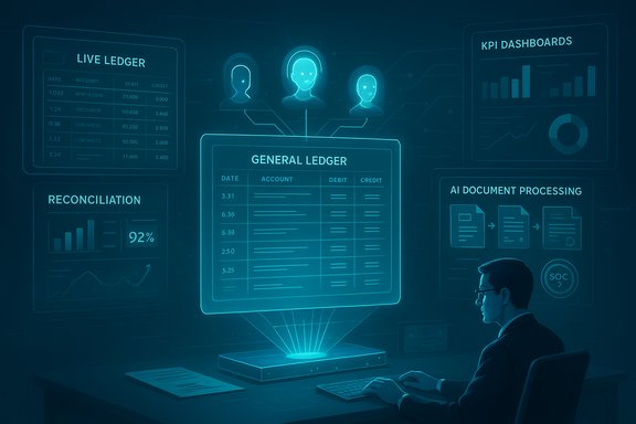 A man sits at a desk as holographic finance dashboards glow around a central General Ledger.