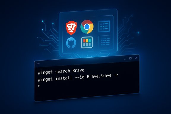 Futuristic UI showing app icons Brave, Chrome, GitHub above a terminal with winget commands.