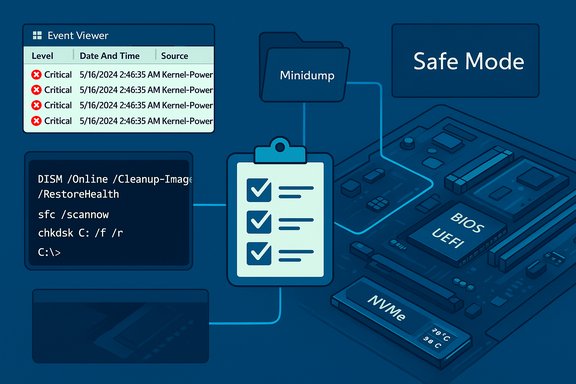 Tech montage showing Windows recovery tools and motherboard hardware.