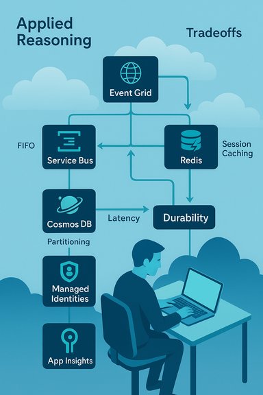 A cloud-based event-driven architecture showing Event Grid, Service Bus, Redis, Cosmos DB, and App Insights.