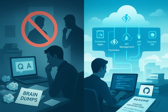 Split scene: left shows brain dumps and blocked ideas; right depicts cloud-based app development.