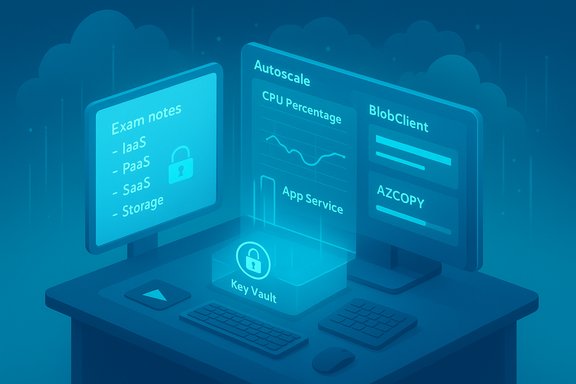 Blue-tinted cloud computing setup with exam notes and a glowing Key Vault.
