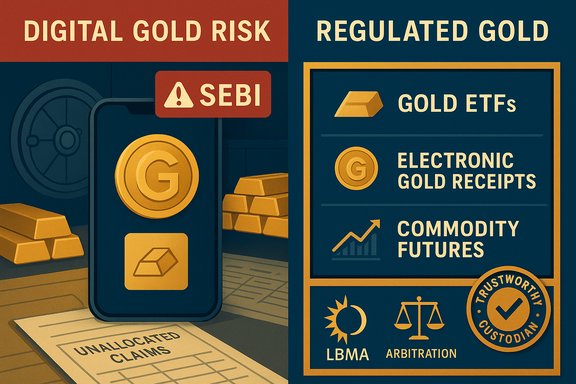 Split graphic: digital gold risk vs regulated gold options like ETFs, receipts, and futures.