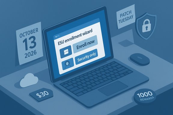 Blue-tinted laptop screen shows an ESU enrollment wizard with Enroll Now and Security Only options.