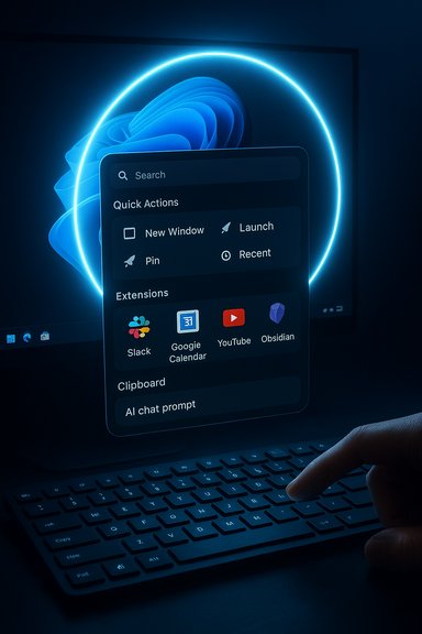A glowing blue neon circle frames a floating UI with quick actions and extensions on a laptop.