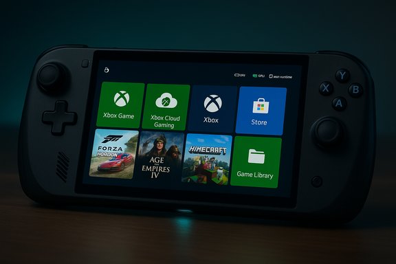 A handheld gaming console displaying an Xbox-style home screen with game tiles.