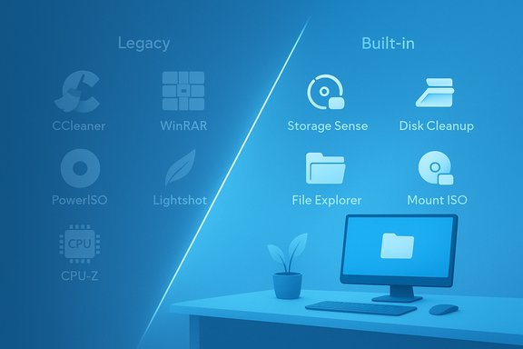 Blue split-screen contrasting legacy apps with built-in Windows tools.