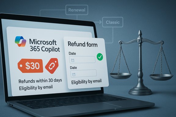 Laptop screen shows Microsoft 365 Copilot with a refund form beside the scales of justice.