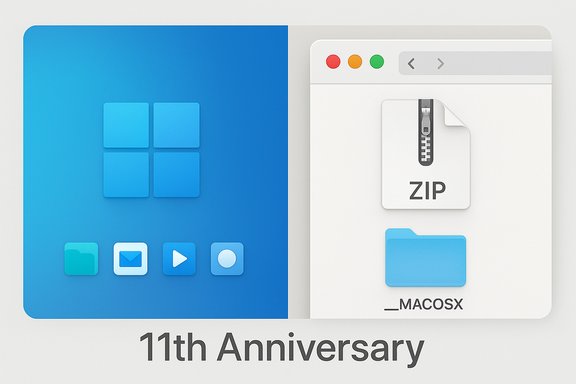 MacOS-inspired desktop illustration celebrating the 11th anniversary, featuring a ZIP file and an __MACOSX folder.