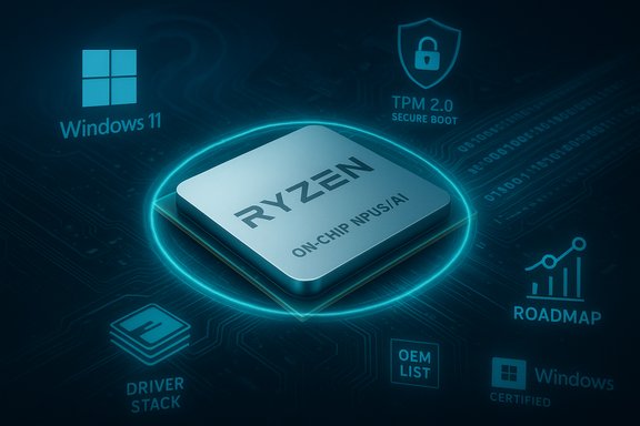 Ryzen CPU chip sits on a glowing circuit board amid Windows 11 and security icons.