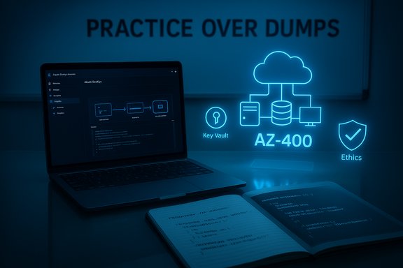 A laptop and notebook glow with neon-blue cloud and vault icons for AZ-400 ethics.