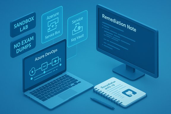 Tech setup illustrating Azure DevOps concepts with a laptop, monitor, and remediation notes. Tech setup illustrating Azure DevOps concepts with a laptop, monitor, and remediation notes.