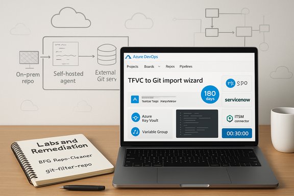 Laptop screen shows Azure DevOps TFVC to Git import wizard on a tech desk.
