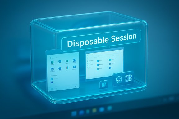 A blue-tinted translucent display labeled 'Disposable Session' showing app screens. A blue-tinted translucent display labeled 'Disposable Session' showing app screens.