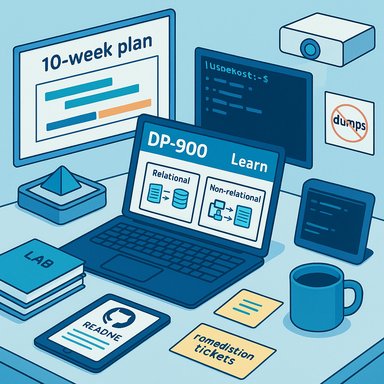 A learning desk with DP-900 Learn, a 10-week plan, and relational vs non-relational data concepts.