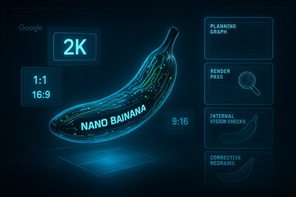 A glowing holographic banana labeled NANO BAINA floats amid futuristic digital UI panels.