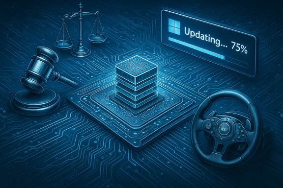 Blue-toned tech collage featuring a gavel, scales of justice, a stack of chips, a steering wheel, and an updating progress bar.