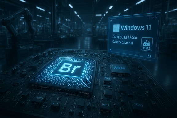 Blue-toned chipset with a glowing Br chip, Windows 11 HUD, and robotic factory backdrop. Blue-toned chipset with a glowing Br chip, Windows 11 HUD, and robotic factory backdrop.
