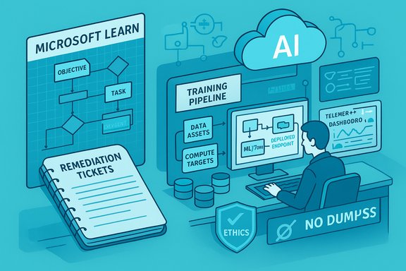 Cloud AI training pipeline with data assets, compute targets, and ethics safeguards.