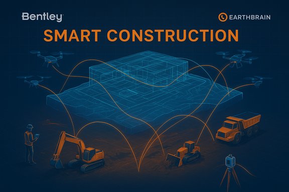 Bentley EarthBrain Smart Construction: connected drones, trucks and equipment around a digital blueprint.