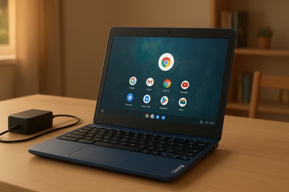 Blue Lenovo laptop on a wooden desk, displaying a Chrome OS home screen with a nearby charger.