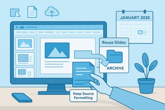 A computer screen shows slide reuse and archiving, with a 'Keep Source Formatting' note.