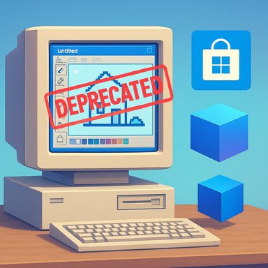 Retro desktop computer with a bold red 'DEPRECATED' stamp across its screen.