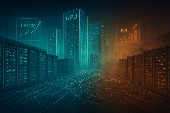 Futuristic data center with glowing server racks, tall GPU towers, and CAPEX/ROI charts.